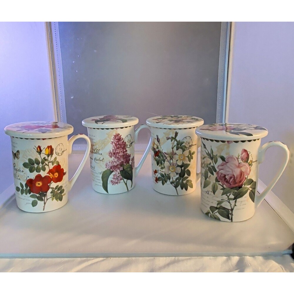 Vintage Kent Pottery Botanical Mugs with Lids Set of 4 Floral Cottagecore